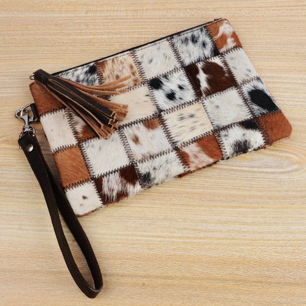 Cow Hair On Wristlet Pouch.